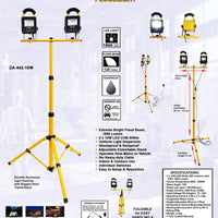 Zartek Dual LED Portable Floodlight with Tripod Stand,       2 x 10 Watt LED Globes = 20W,      1800 LM, 5m Heavy-Duty Cable, Mains and Vehicle Adaptors incl