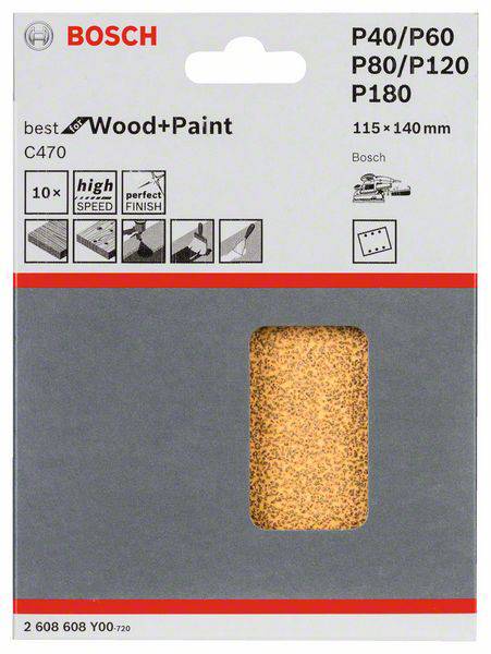 Bosch Sanding Sheets: Wood & Paint (G40-G180) 115x140mm Pack. High Speed, Perfect Finish. Sandpaper for Sanders, 10 Pack