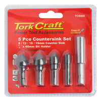 Countersink Set 5pce Set Carbon 8,12,16,19mm C/W Hex Shank Adaptor