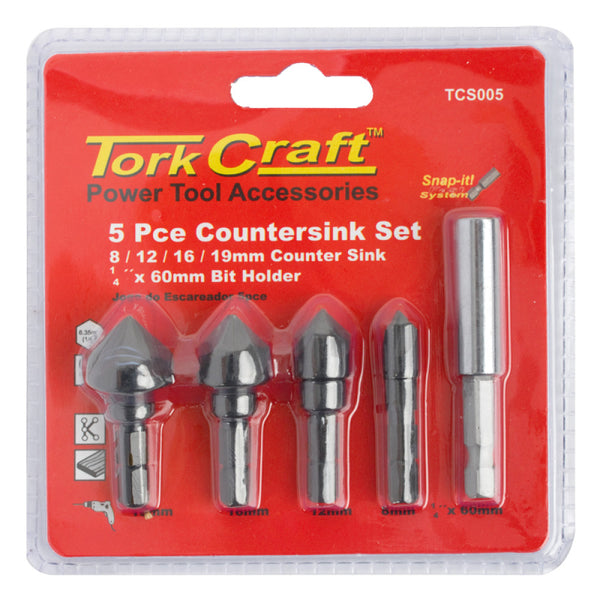 Countersink Set 5pce Set Carbon 8,12,16,19mm C/W Hex Shank Adaptor