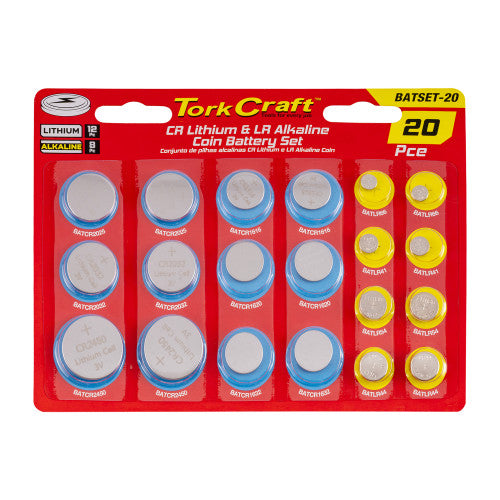 TORK CRAFT COIN BATTERY SET 20PC LR ALKALINE 8PC & CR LITHIUM 12PC - BATSET-20
