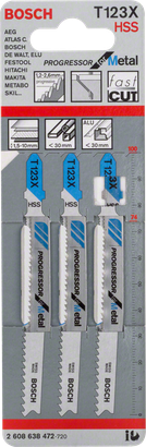 Bosch T123X HSS Jigsaw Blades - Metal Cutting, Fast Cut - 3 Pack
