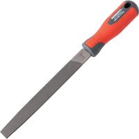 Hand File Tool: Close-up of a gray metal file with a red and black handle. Perfect for shaping and smoothing metal.