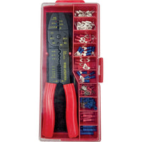 Wire Crimping Tool Kit: Pliers & Terminal Assortment for Electrical Work. Red Case, Wire Stripper Included.