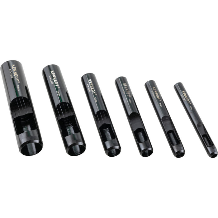 KENNEDY Hollow Punch Set: 6-19mm (6-Piece). Black metal tools for leather, fabric, and more. Quality hole punching kit.