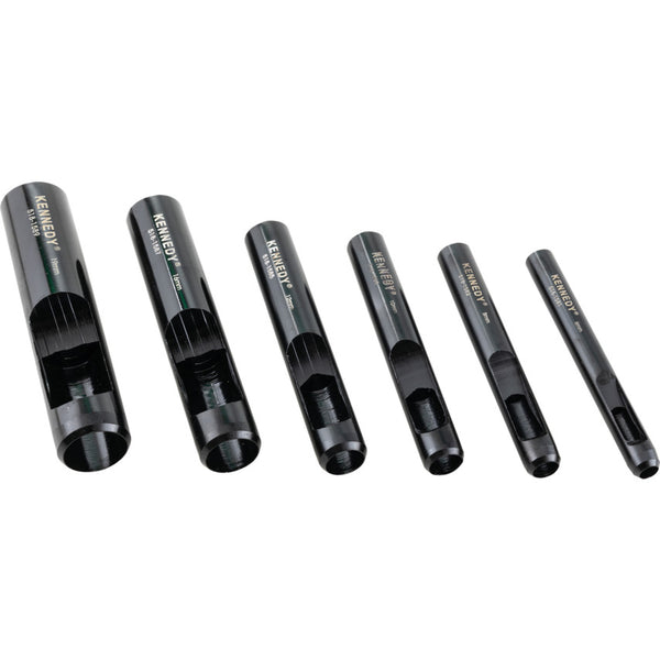 KENNEDY Hollow Punch Set: 6-19mm (6-Piece). Black metal tools for leather, fabric, and more. Quality hole punching kit.
