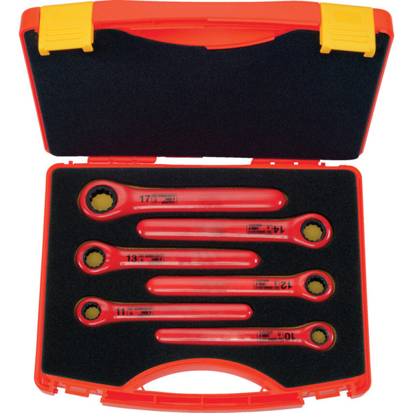 Kennedy Insulated Ratchet Ring Spanner Set - 6 Piece 1000V, Double Triangle Wrenches in Orange Case.