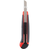 Kennedy utility knife with 13-segment snap-off blade. Red & black box cutter close-up.