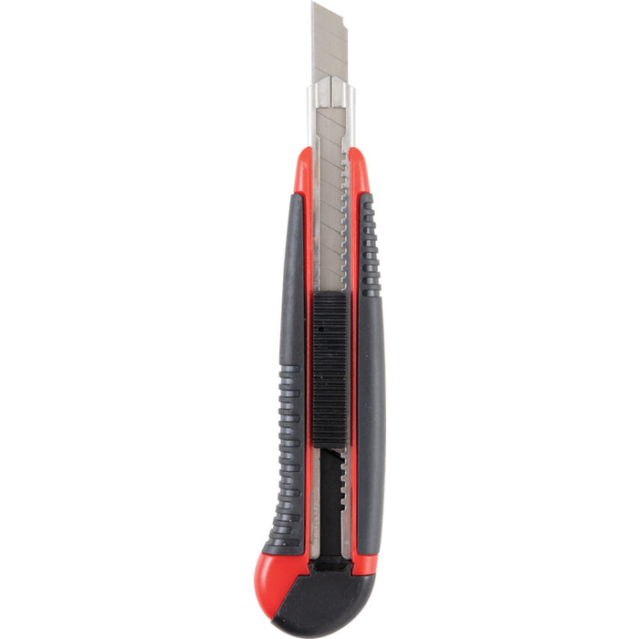 Kennedy utility knife with 13-segment snap-off blade. Red & black box cutter close-up.