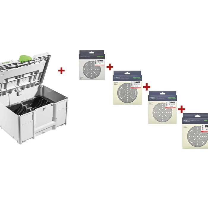 Festool Systainer SYS-STF-D150 & Granat Sanding Discs: P80, P120, P180, P320 Abrasives.
