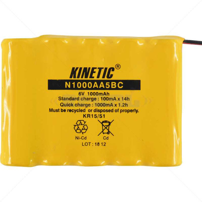 Kinetic N1000AA5BC Battery Pack, 6V 1000mAh. Rechargeable Ni-Cd Battery. Recycle properly.