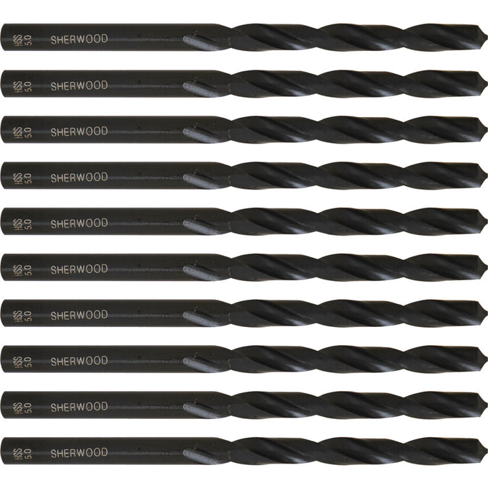 Sherwood 5.0mm HSS Jobber Drill Bits - Set of 10. High-Speed Steel drill bits for metal and wood drilling