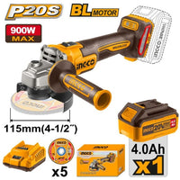 INGCO 20V ANGLE GRINDER 115MM B/LESS 3SPD 1000W