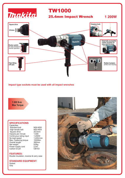 Makita TW1000 Impact Wrench: 25.4mm Drive, High Torque Power Tool. View Specs & Features!