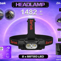 Zartek Headlamp 1482 Lumen: 2 x SST20 LED Aluminium - ZA-137-A