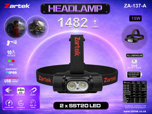 Zartek Headlamp 1482 Lumen: 2 x SST20 LED Aluminium - ZA-137-A