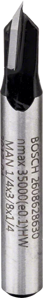 Bosch: Router bits  - V-groove bits 1/4", D1 6,3 mm, L 9,2 mm, G 45 mm, 90? -  SKU: 2608628630