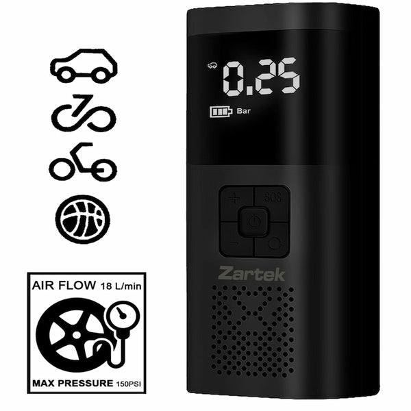 Zartek Air Pump Inflator portable rechargeable, Power 60W, Screen Display Pressure & Modes,
Battery Li-ion 2000mAH x 2, Mains USB Adaptor, Carry Bag, Hose, 4 x Nozzles, USB type C   cable, 12VDC Adapt 3m cable, Powerbank, LED Light white / red