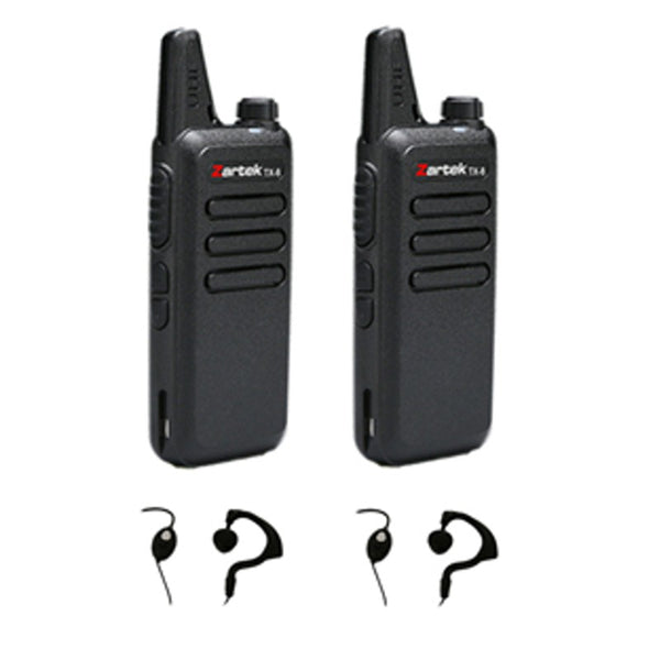 Zartek  TX-8 SUPER PACK two-way radios, UHF handheld transceiver,  2 pin side jack (incl 2 radios, 2 x earphones, 2 x USB cables, 2 x desktop cradle chargers, 1 mains adaptor, 2 x Batteries, 2 x belt clips) Blister pack