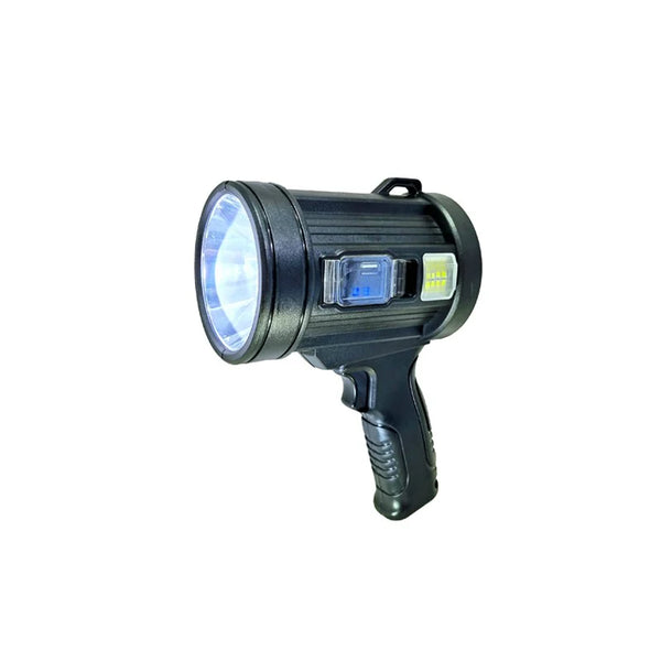 Bright Spotlight, LED P50, 1500 Lumen, side COB worklight 300 lm, USB type-C Rechargeable, Lightweight ABS, Solar Charging, Powerbank, 3 lenses: green,red,blue